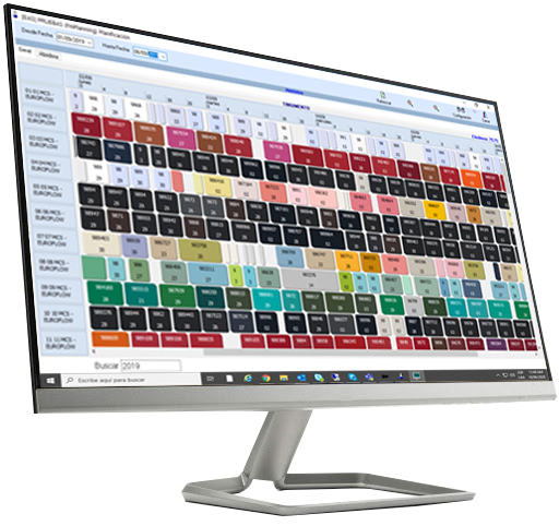 Monitor com a interface gráfica do software MES Infotint, desenvolvido pela EAS para o controle total da tecelagem, tinturaria e acabamento têxtil. 